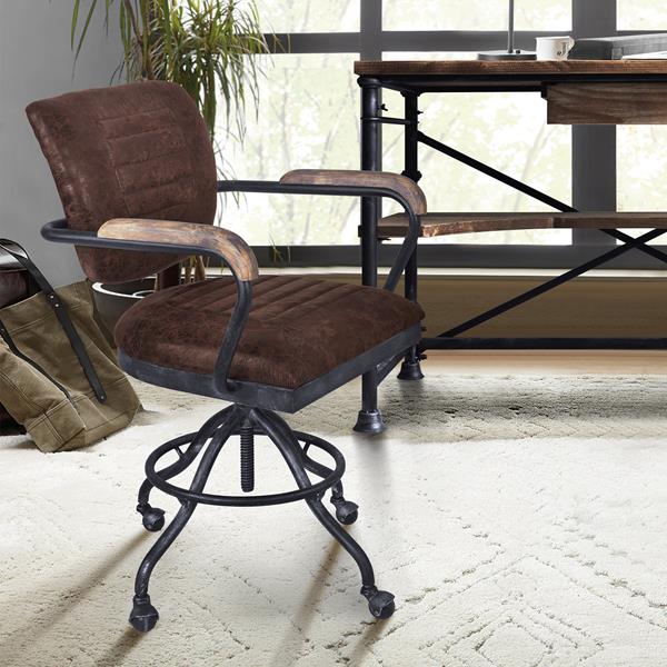 Brice Modern Office Chair in Industrial Grey Finish and Brown Fabric with  Pine Wood Arms