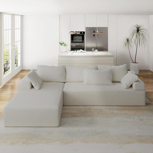 Aurora Oasis 108" Modern Sectional Sofa - 4 Seater Reversible L Shaped Sofa with 6 Pillows - Ivory Chenille Fabric Upholstery - Foam Frame 