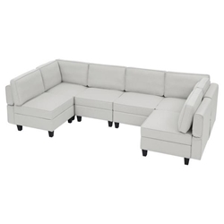 Harmony Cove 110" Sectional Sofa - 6 Seater Reversible Sofa Bed with Storage Seats - Grey White Linen Fabric - Solid Wood Frame and Legs 