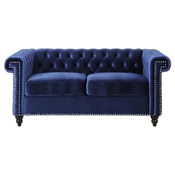 Aurum Luxe 61" Loveseat with Channel Stitching and Nailhead Accents - Blue Velvet Upholstery - Birch Wood Legs 