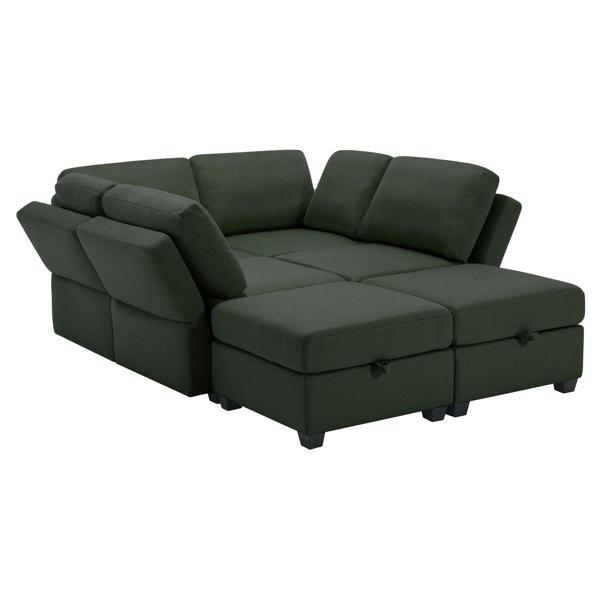 Verdi Oasis 62" Sectional Sofa - 6 Seater Reversible Sofa Bed with Storage Seats and Ottomans - Green Polyester Fabric Upholstery 