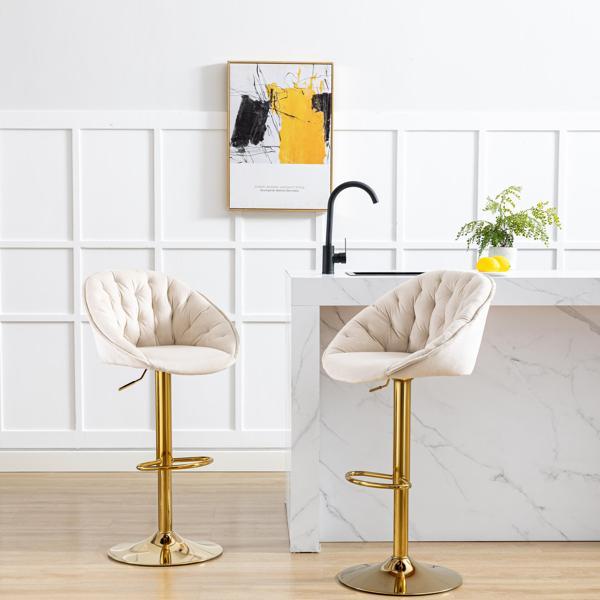 Eleva Luxe Set of 2 Swivel Bar Stools with Adjustable Counter Height - 30-38"H - Ivory Polyester Fabric - Silver Metal Legs 