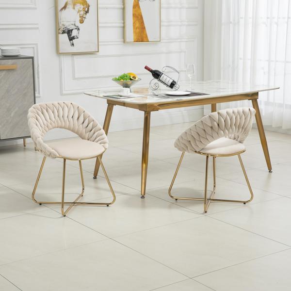 Aurum Vue Accent Chair Set of 2 - Beige Velvet Upholstery - Gold Metal Legs 