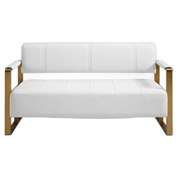 Aurum Estate 57" Loveseat with Golden Metal Arms - White Faux Bonded Leather Upholstery - Solid Wood Frame 