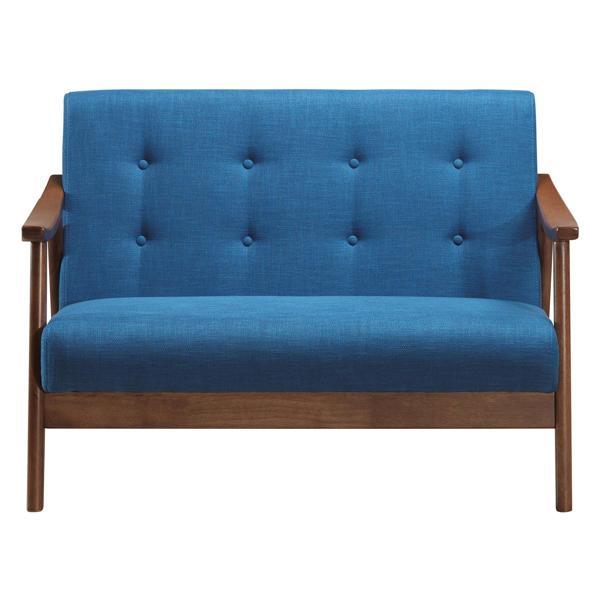 Riley 45" Loveseat - Navy Blue Fabric Upholstery - Medium Brown Finish Rubberwood Legs 