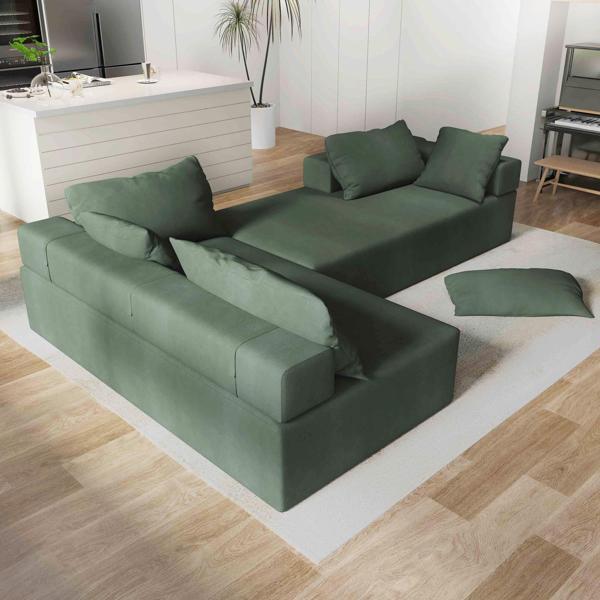 Aurora Oasis 108" Modern Sectional Sofa - 4 Seater Reversible Sofa Bed with 6 Pillows - Green Chenille Fabric - Cherry Stained Rubberwood Legs 