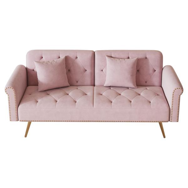Aurora Luxe 69" Loveseat Sofa Bed with Throw Pillow - Pink Velvet Upholstery - Gold Metal Legs 