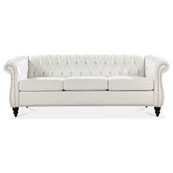 Eldridge 84.65" Rolled Arm Chesterfield 3 Seater Sofa - White Polyurethane Fabric Upholstery and Birch Legs 