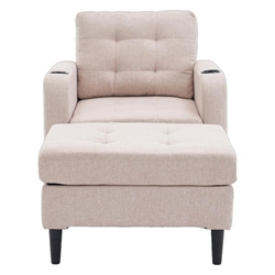 Nuneaton Beige Upholstered Armchair and Storage Ottoman Set with Cup Holders and Tufted Detailing 