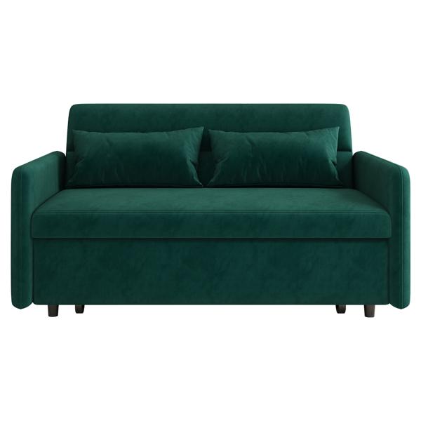 Wantage 54" Sofa pull Out Bed with 2 Pillows - Green Velvet Fabric - Solid Wood Frame 