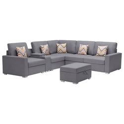 Havenwood 106" Sectional Sofa with Interchangeable Legs - Pillows - Storage Ottoman - USB Charging Ports - Cupholders - Storage Console Table - Gray Linen Fabric 