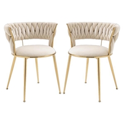 Aurumora Dining Chair - Ivory Velvet Upholstery - Golden Metal Legs - Set of 2 