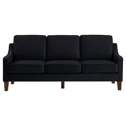 Willowbrook 74" Modern 3 Seater Sofa with Scooped Armrest - Black Velvet Fabric - Espresso Wood Legs 