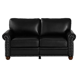 Morton 59" Loveseat - Black Faux Leather - Brown Finish Legs 