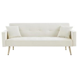 Fableton 73" Convertible Folding Futon Sofa Bed - Cream White Velvet - Gold Metal Legs 