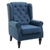 Hesper Button-Tufted Accent Chair with High Wingback - Blue Fabric - Solid Wood Frame and Eucalyptus Wood Legs