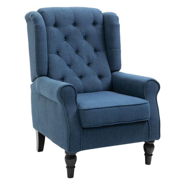 Hesper Button-Tufted Accent Chair with High Wingback - Blue Fabric - Solid Wood Frame and Eucalyptus Wood Legs 