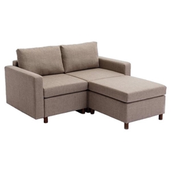 Davenport 61" 2 Seater Sectional Loveseat with 1 Ottoman - Brown Linen Fabric - Rubberwood Frame 