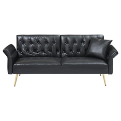 Yseult 67" Loveseat Sofa Bed with Adjustment Armrests - Black Faux Leather - Light Brown Wood Frame 