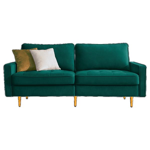 Oread 70" Modern Button Tufted Loveseat with 2 Throw Pillows - Emerald Velvet Fabric - Golden Metal Leg 