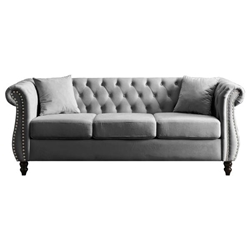 Braemar 80" Chesterfield Sofa - Grey Velvet - Solid Wood Frame 