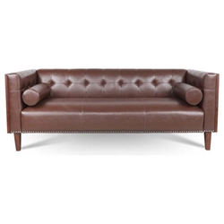 Oakhurst 78" Wooden Decorated Arm 3 Seater Sofa - Dark Brown Polyurethane Fabric - Birch Wood Legs 