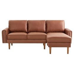 Wembley 82" L-Shape Sectional Sofa with Chaise - Mid-Century Copper Nail Arms - Strong Wooden Legs - Suede Fabric - Right Chaise - Brown 