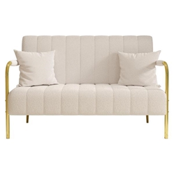 Sienna Vita 59" Loveseat - Beige Teddy Fleece - Stainless Steel Gold Accents - Includes 2 Throw Pillows 