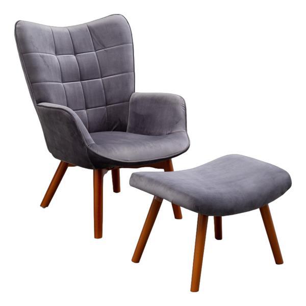 Rowanridge Accent Chair with Ottoman - Gray Velvet - Oak Finished Legs 