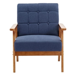 Vaylen Accent Chair with Solid Wood Armrest and Feet - Navy Linen - Light Brown Finish Legs 