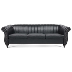 Thornguard 83" Chesterfield Three Seater Sofa - Black Polyurethane - Wood Frame and Legs 