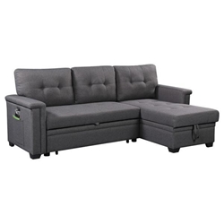 Xanadon 84" Dark Gray Reversible Sleeper Sectional Sofa with Storage Chaise, USB Charging Ports and Pocket - Dark Gray Linen 