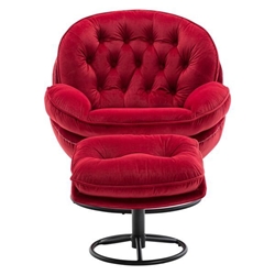 Terraverd Accent Chair with Ottoman - Dark Red Velvet - Black Metal Legs 