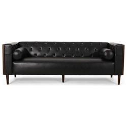 Brynmor 90" 3 Seater Sofa - Black Polyurethane - Wood-Like Accents 