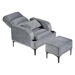 Selvaria Accent Chair with Ottoman - Gray Velvet Fabric - Solid Wood Frame and Metal Legs 