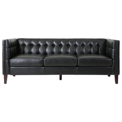 Vallenso 75" Faux Leather Sofa - 3 Seater with Tufted Back - Black Polyurethane - Birch Wood Legs 