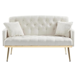 Lyrista 55" 2 Seater Loveseat - Cream White Teddy Fabric - Gold Metal Legs 