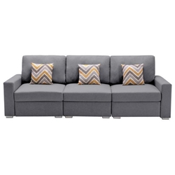 Nimbora 95.5" Gray Linen Fabric Sofa with Pillows and Interchangeable Legs - Gray Linen Fabric - Silver and Black Plastic Legs 