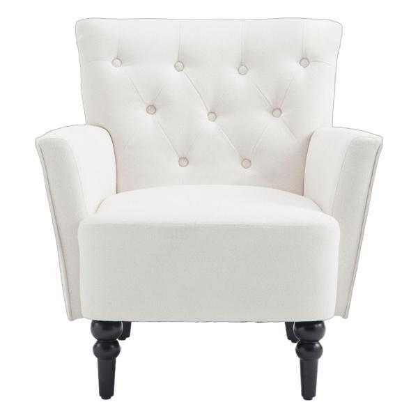 Asteria Mid-Century Modern Accent Armchair - Cream Linen Upholstery - Solid Wood Legs 