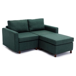 Davenport 61" Sectional Loveseat with 1 Ottoman - Green Linen Fabric - Rubberwood Frame 