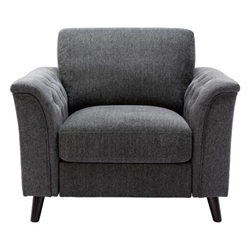 Avalon Bay 36.5" Dark Gray Linen Chair with Tufted Arms - Dark Mahogany-Brown Rubberwood Legs 