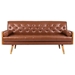 Zieg Mid-Century Modern Tufted Sofa with Rolled Accent Pillows - Light Brown Polyurethane Fabric - Gold-Tipped Splayed Legs - CAB2685