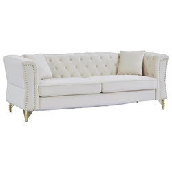 Vauxhall 81" Chesterfield Sofa - Beige Velvet - Metal Foot and Nailhead 