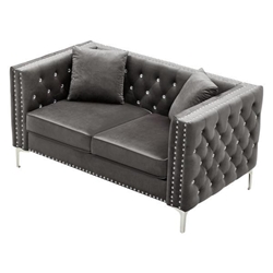 Mystic 59" Loveseat - Gray Velvet - Silver Nailhead Trimmed and Chrome-Plated Legs 