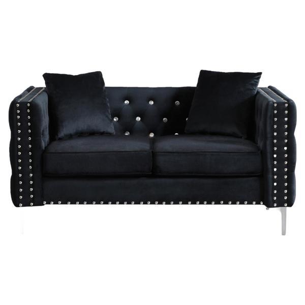 Mystic 59" Loveseat - Black Velvet - Silver Nailhead Trimmed and Chrome-Plated Legs 