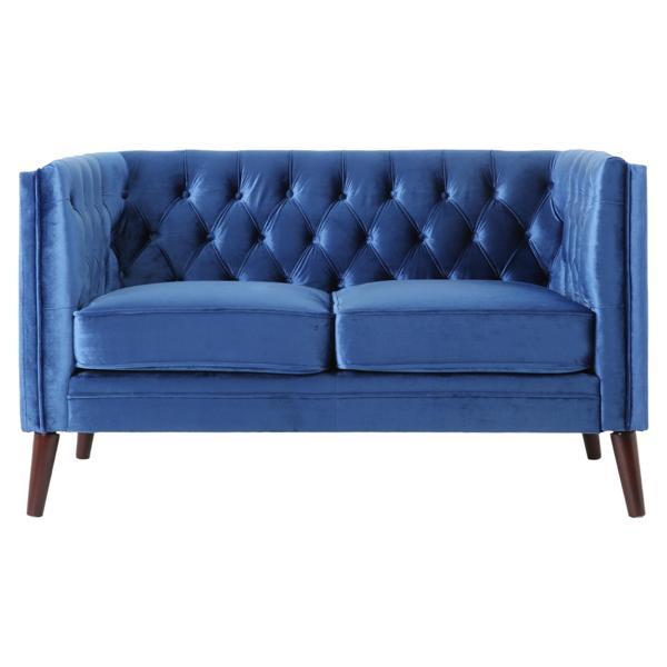 Vedette Loveseat - Navy Blue Velvet - Birch Wood Legs 