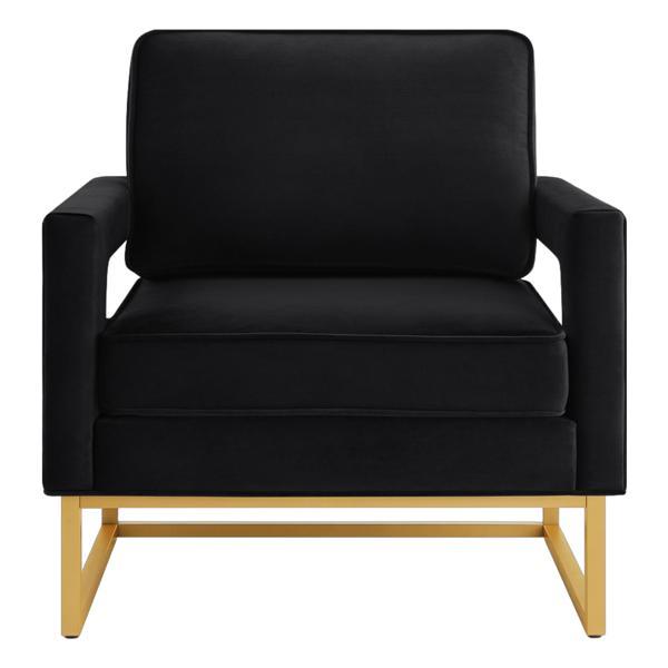 Lyriq Accent Chair with Gold Metal Base - Black Velvet - Open Armrests 