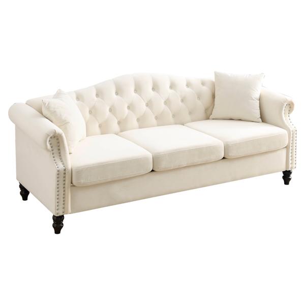 Cavonia 79" Chesterfield Sofa - Beige Velvet - Solid Wood Frame 