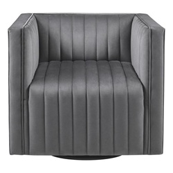 Resonance Channel Tufted Swivel Armchair - Gray Polyester Velvet Fabric - Black Metal Finish Base 