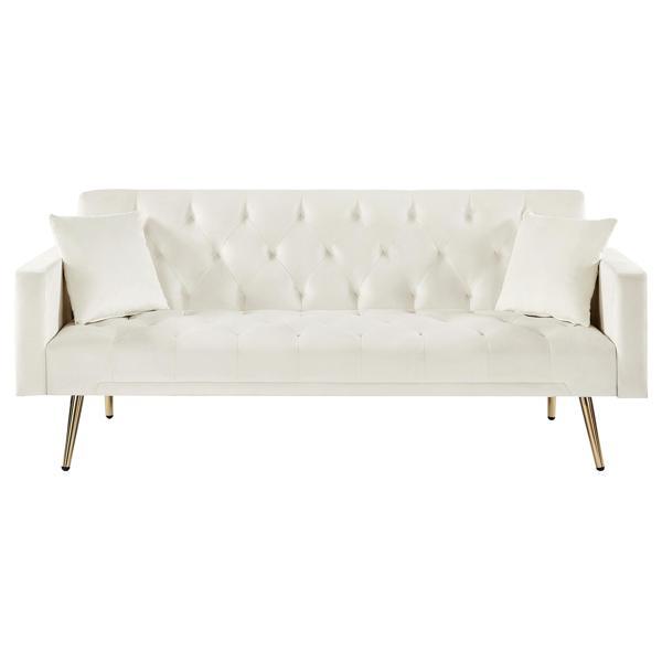 Jubilee 73" Convertible Futon Sofa Bed - Cream White Velvet - Gold Metal Legs 